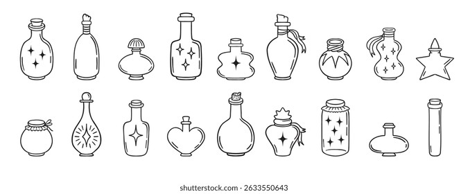 Magic flasks, bottles and jars doodle hand drawn icon set. Outline drawing line clipart symbol collection. Vector illustration