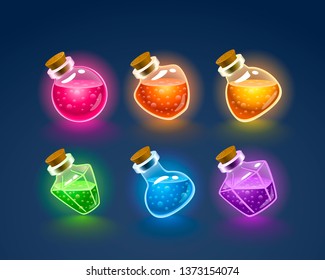 Magic Flasks color set, dark background. Vector illustration