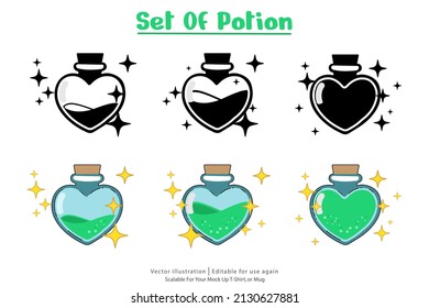 Magic Flasks color set, dark background. Vector illustration. Magic potion. Cartoon game interface elements, alchemist bottles with elixir, poison, antidote and love potion. Vector fantasy and fairy