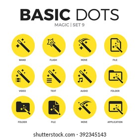 Magic flat icons set with wand form, flash form and move form isolated vector illustration on white