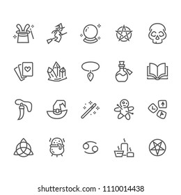 Magic flat line icons. Witch flying flying on broomstick, fortune teller, magician, wizard wand illustration. Wicca, voodoo. Thin signs for witchcraft store. Pixel perfect 48x48. Editable Strokes.