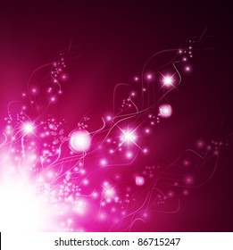 Magic floral abstract glamorous background with bubbles and stars in pink