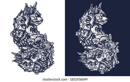 Magic floral cat tattoo and t-shirt design. Symbol of the fairy tale, dream, magic. Black and white vector graphics