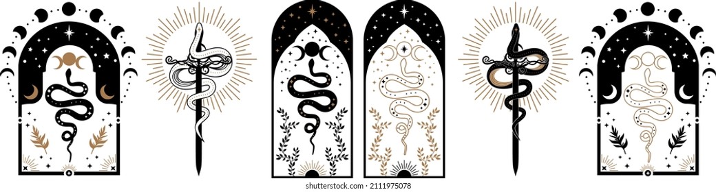Magic floral celestial snake with crescent moon,star and moon phases. Mystical witchy symbol. Cosmic scene with serpent and celestial bodies. Boho style print logo tattoo designs