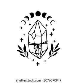 Cristal floral mágico con ilustración vectorial de fases lunares. Símbolo de brujería. Trazo celeste, afiche boho, tatuaje tribal. Diseño de alquimia mística a mano. Arte contemporáneo de moda.