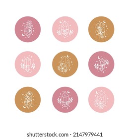 Magic floral crystal vector illustration set. Witch symbol gem with moon, flower. Mystical clipart, celestial sticker, social media icons, highlights.