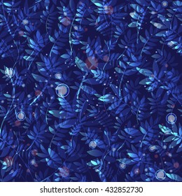 Magic floral design with leaves and fireflies on a blue background. Vector seamless pattern