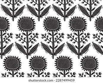 Magic floral seamless pattern linocut scandinavian style, design for wallpaper textile paper