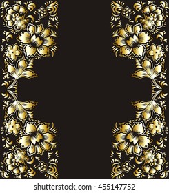  Magic floral wallpaper. Golden flowers on a black background. The theme for greeting cards and invitation with gold flowers and leaves.