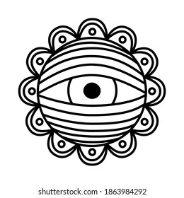 Magic flower eye of providence. Outline vector of third eye isolated on a white background. For logo, tattoo, T-shirts, coloring books, packaging, yoga, tarot card. Symbol of meditation, Oracle.