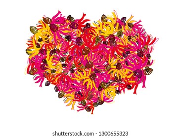Magic Flower Heart Original Vector Design. Colorful Heart Shaped Rudbekiy Flowers. Beautiful Love Symbol with Marigold Flowers an Editable Element for Covers, Post Cards, Invitation etc