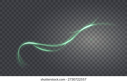 Magic flowing green light trail sparkles against a transparent background. elegant abstract wave filled with glowing particles, motion, and a sense of luxury and energy. sparkling stars and dust.