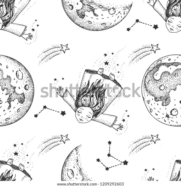 Magic fly hand drawn\
seamless pattern with flying girl,stars, moon. Surface design\
vector illustration.