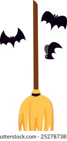 a magic flying broom with cute black bats for Happy Halloween