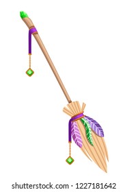 Magic flying broom. Object for a party for Halloween. Wooden broom with green gemstone and colorful feather. Flat vector illustration isolated on white background.