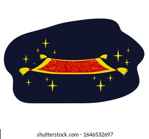 Magic flying carpet and stars on a blue background. Cartoon. Vector illustration.