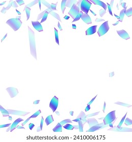 Magic flying confetti scatter vector illustration. Blue  hologram particles fiesta vector. Cracker poppers falling confetti. Prize event decor background. Popper entertainment