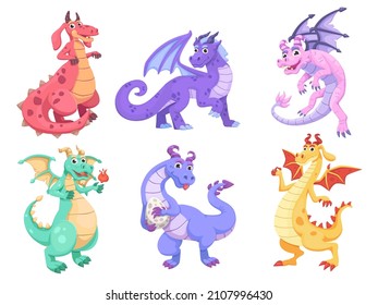 Magic flying dragons. Cartoon fairy creature, funny fantasy creatures characters, fairytale animals, reptiles collection, fire dragon, fly mascot baby imagination vector. Illustration of dragon animal