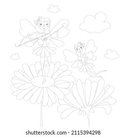 Magic flying fairies flower coloring book cartoons flat design stock vector illustration for web, for print