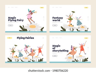 Magic flying fairies set of landing pages templates with cute cartoon girls elves and forest pixies, tiny magical creatures over big flowers. Flat vector illustration