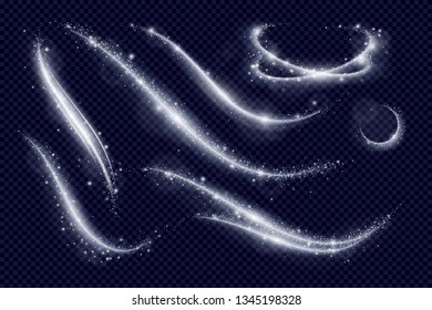 Magic flying lights and glitters of different abstract shapes on transparent background realistic vector illustration