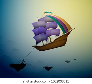 magic flying ship in the dreamland, scene from wonderland, vector