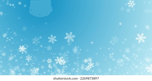Ilustración de copos de nieve voladores mágicos. El invierno especk formas cristalinas. Composición azul de cáscara blanca con clima de nieve. El ajedrez hace copos de nieve de año nuevo. Paisaje de huracanes de nieve.