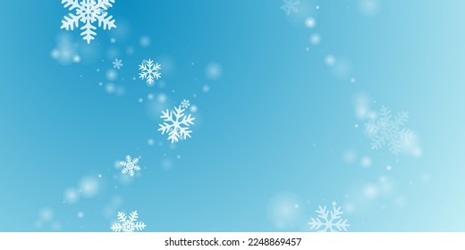 Magic flying snowflakes wallpaper. Winter fleck crystallic granules. Snowfall weather white teal blue composition. Shimmering snowflakes january texture. Snow hurricane scenery.