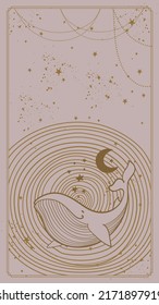 Magic flying whale, boho illustration with copyspace, aesthetic pink background with stars. The concept of magic, the development of intuition, astrology and tarot. Vector hand drawn design.