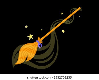 Magic flying witch broom on black background.