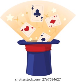 Magic focus trick with hat and flying out of shiny playing cards. Cartoon wizard tool. Illusionist black cylinder headdress. Magic illusion stuff. Vector flat magician entertainment performance show