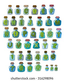 Magic font. Green letters in  magical flasks. Alphabet jar for witchcraft. 
