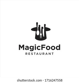 Magic Food Logo Logo Vintage Hipster Retro, fork and spoon food in magic hat logo Design Template.