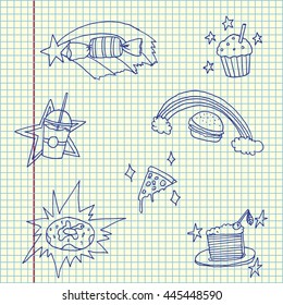 Magic food set. Hand drawn vector stock illustration. Sheet ball pen drawing.