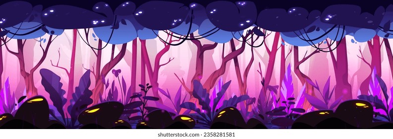 Magic forest background - horizontal panoramic misty backdrop with pink and purple tree trunks, bushes and plants with glowing elements. Cartoon vector scenery of fantasy woodland or jungle.