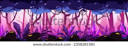 Magic forest background - horizontal panoramic misty backdrop with pink and purple tree trunks, bushes and plants with glowing elements. Cartoon vector scenery of fantasy woodland or jungle.