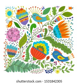Magic forest with birds, background for your design. Vector illustration