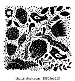 Magic forest with birds, background for your design. Vector illustration