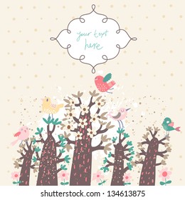 Magic forest with birds. Cute cartoon vector card. Good for invitations