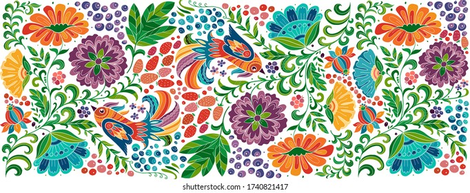 Magic forest with birds, seamless pattern for your design. Vector illustration