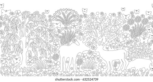 Magic forest. Black and white coloring page with deers, boar, trees and flowers.