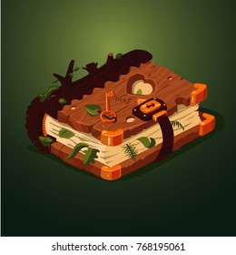 Magic forest book. Cartoon style. Game design concept. Old diary with wooden cover.