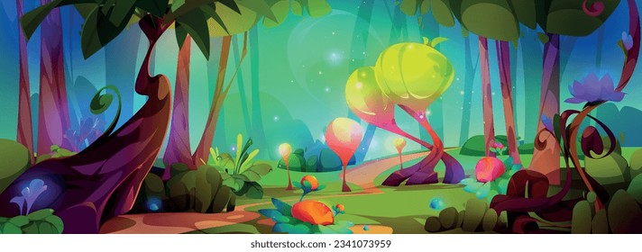 Magic forest cartoon game landscape vector illustration. Fairy tale fantasy nature scene background. Cute mystic summer garden with path, flower and firefly. Beautiful mysterious woodland scenery