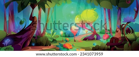 Magic forest cartoon game landscape vector illustration. Fairy tale fantasy nature scene background. Cute mystic summer garden with path, flower and firefly. Beautiful mysterious woodland scenery