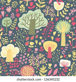 ¿El bosque mágico en el estilo de las caricaturas "Eddie"? patrón impecable.  Se puede usar un patrón sin inconvenientes para papel de pared, rellenos de patrones, fondo de página web, texturas superficiales. Maravilloso fondo floral sin fisuras