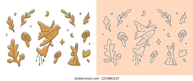 Magic forest clipart set. Folk art autumn collection. Forest and garden elements. Wild nature vector illustration.