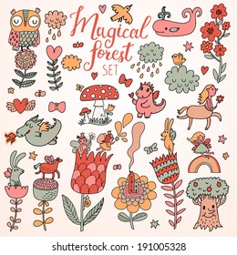 Magic forest concept set in vector. A lot of fantastic signs in cartoon style: tree, rabbit, dragon, whale, horse, centaur, mushroom, flowers, birds, butterflies and others