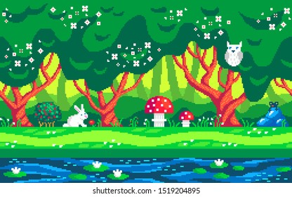 Magic forest and cute animals. Pixel art seamless background. Location with forest at day. Landscape for game or application.