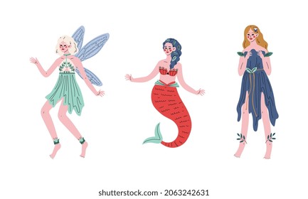Magic Forest Fairy or Pixie with Wings and Mermaid with Fish Tail Vector Set