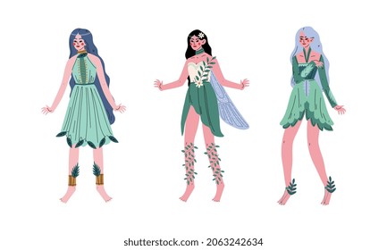 Magic Forest Fairy or Pixie with Wings and in Light Dress Vector Set